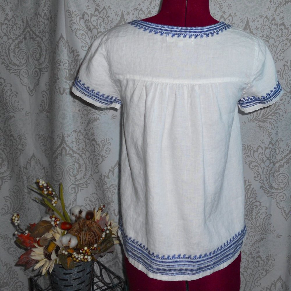 Madewell XS White Linen S/S Peasant Boho Blouse Blue Embroidery - Picture 3 of 5